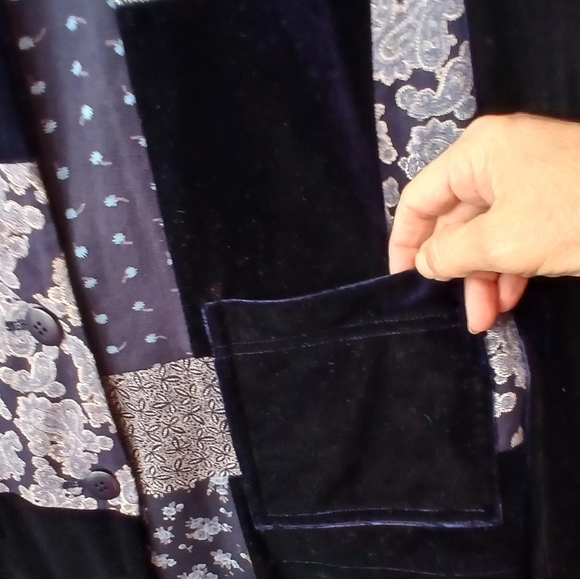 Vintage Patchwork Blue Velvet Jacket Pockets Boho Festival Womens Medium - Picture 4 of 7